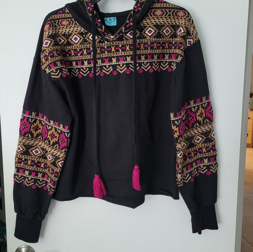 Aztec Embroidered Sequin Sweatshirt Hoodie Black Pink Womens XS KAS Designs